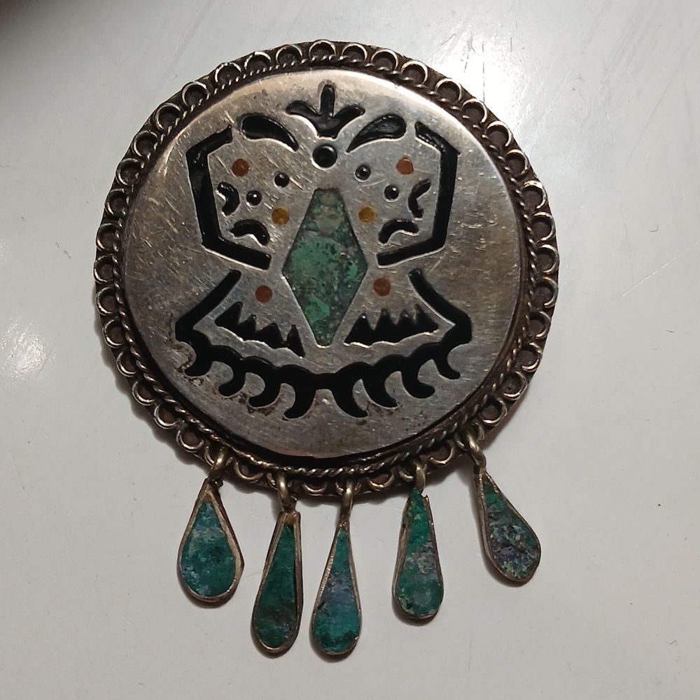 Taxco Vintage Handmade Brooch Pendant Turquoise Inlay Sterling Silver